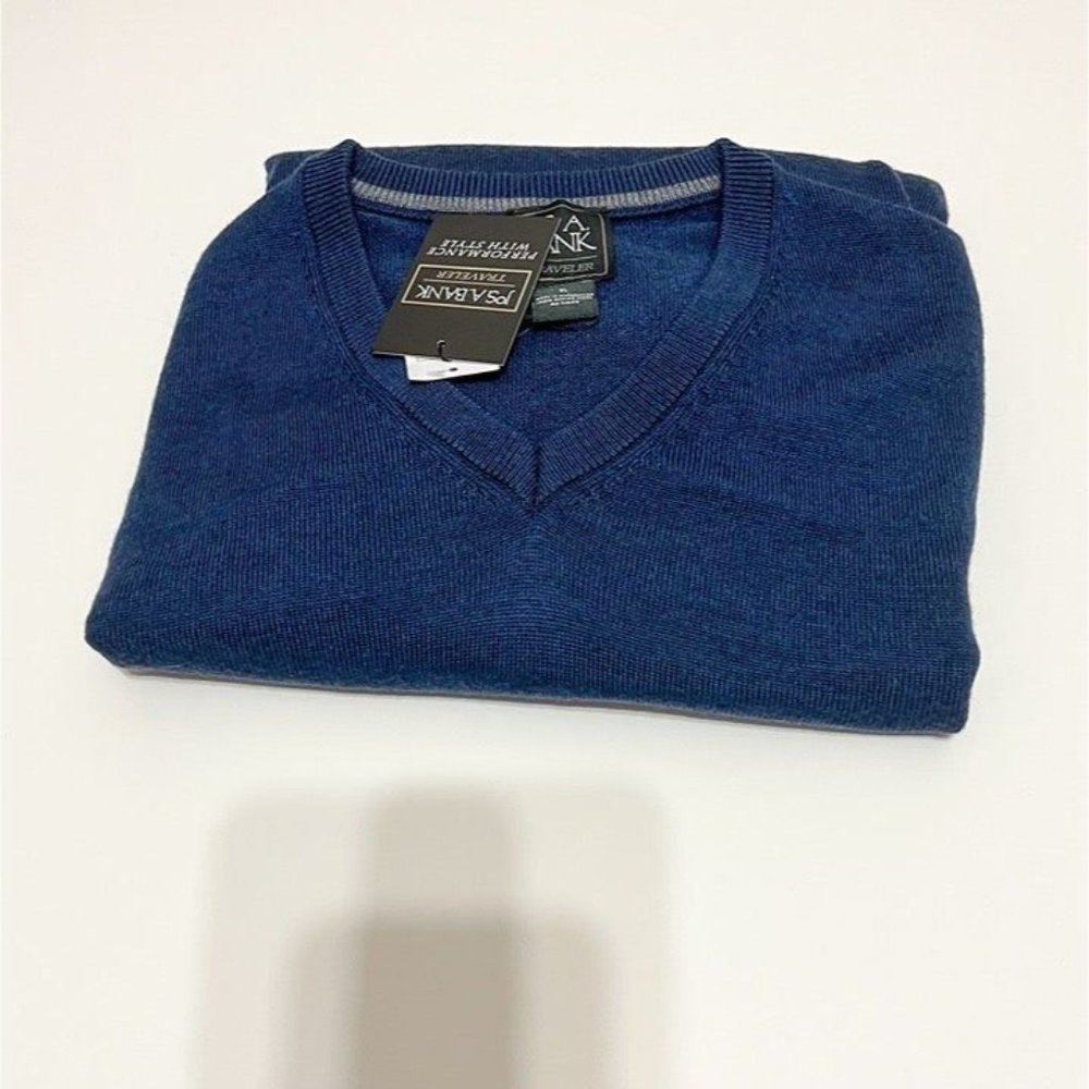 Jos A Bank NWT Sz XL Dark Wash Traveler 100% Merino Wool Sweater - Picture 5 of 7